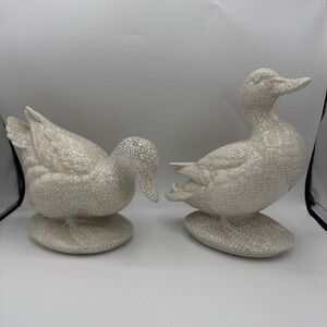Vtg Set Of 2 Ducks Crackle Glaze Ceramic Statues Farm Decor White Mallard Large